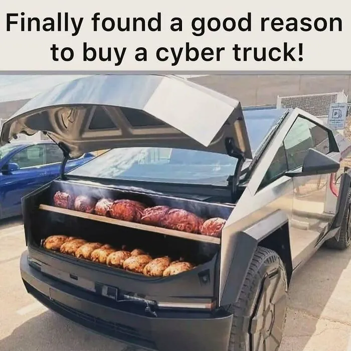 Hilarious rednecks memes featuring a Cybertruck converted into a barbecue grill for roasting meat
