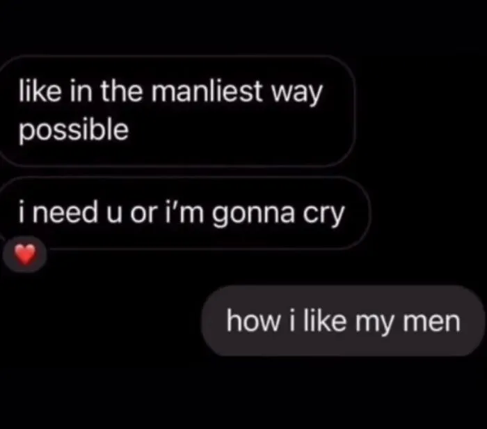 Awkward text screenshots featuring a funny chat exchange about crying in the manliest way possible.