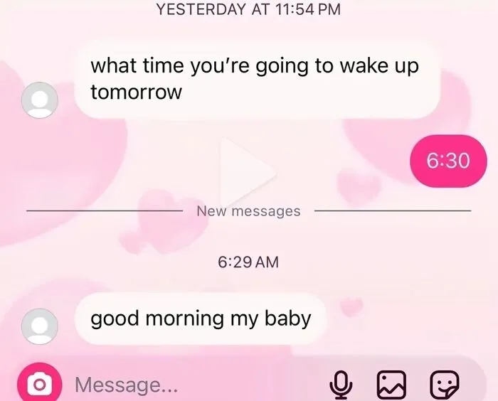 Awkward text screenshots featuring a late night message exchange asking about wake up time and sending a greeting