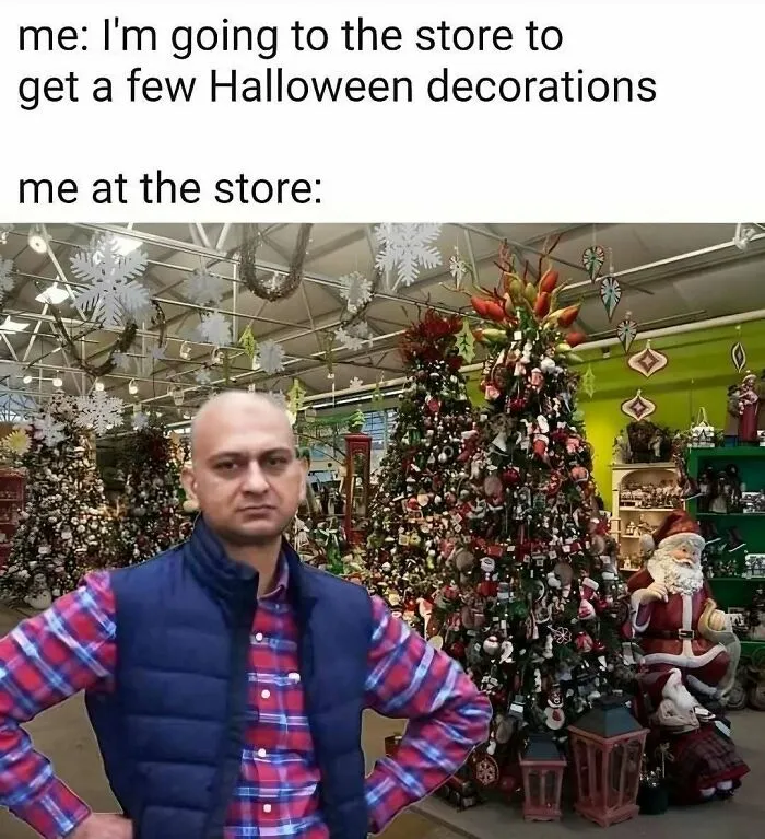 Disappointed man meme surrounded by Christmas trees for a funny spooky season meme.