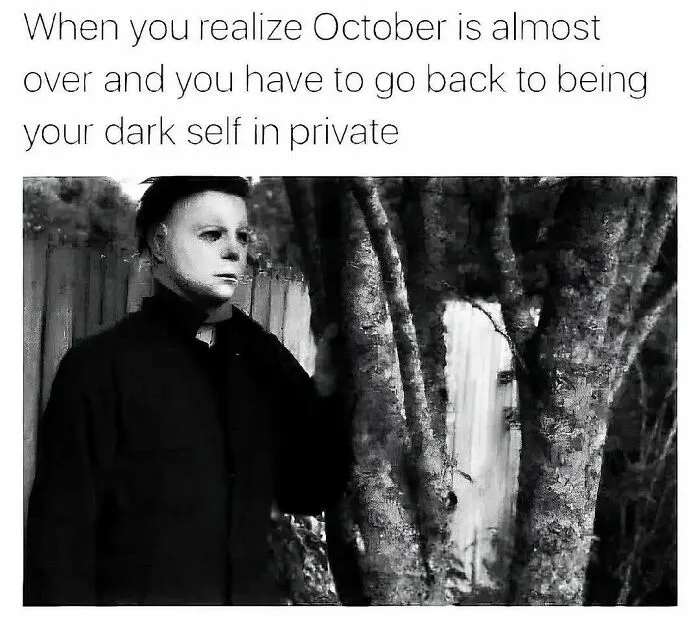 A spooky season meme with Michael Myers standing by a tree when October is almost over.