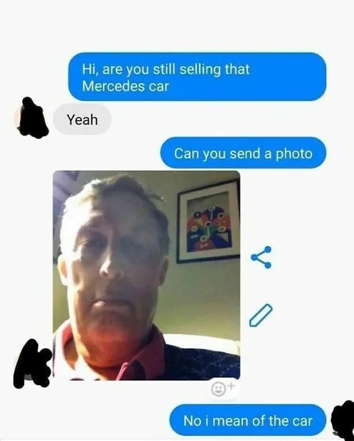 Humorous British meme confusing a photo of a man for a photo of a Mercedes car
