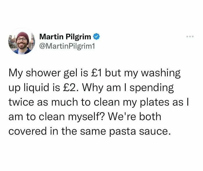 Tweet questioning cost of shower gel versus washing up liquid in UK British life meme