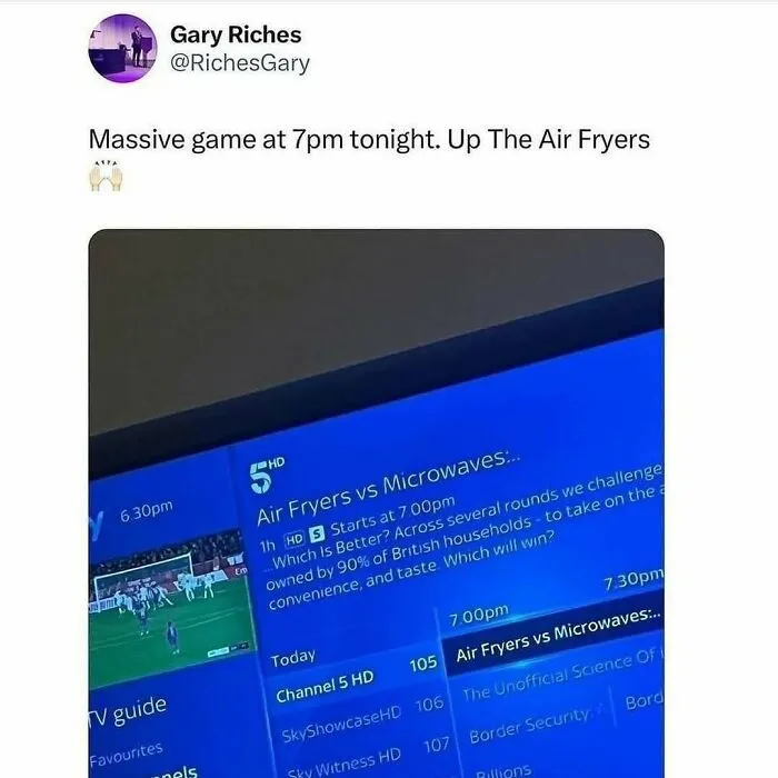 TV guide listing a British comedy show Air Fryers vs Microwaves at 7pm