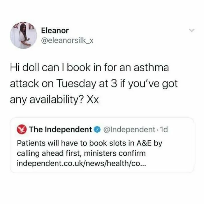 British meme joking about booking an asthma attack appointment