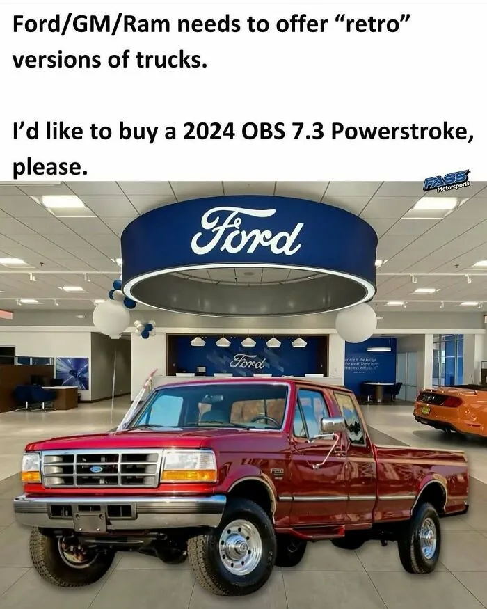 Retro red Ford pickup truck inside a modern car dealership showroom featured in redneck memes