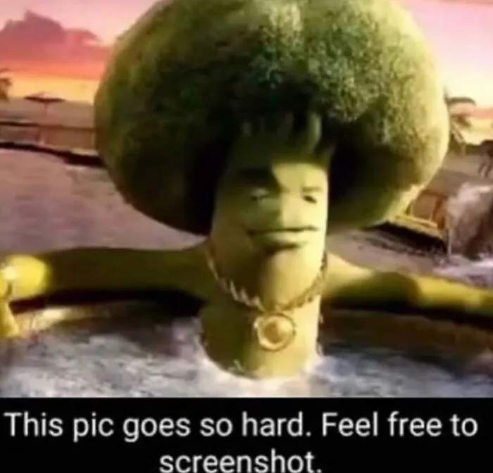 An animated broccoli character wearing a chain in absurd internet posts meme format.