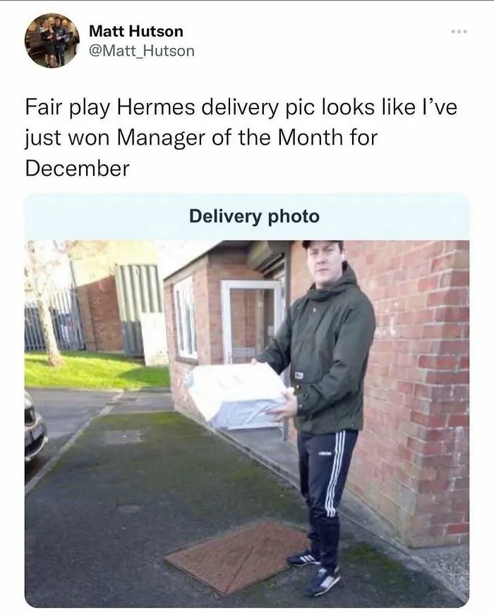 British meme praising Hermes delivery worker as manager of the month