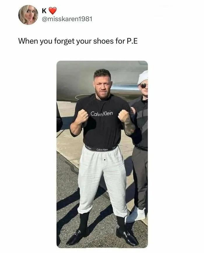 British meme showing man wearing shoes over socks as P.E shoes