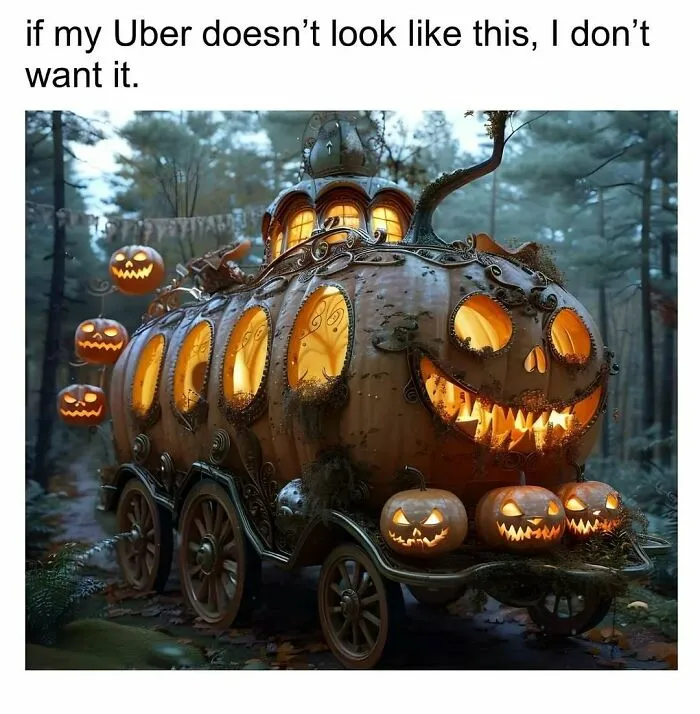Spooky season meme showing a glowing, carved jack-o-lantern pumpkin carriage in a misty forest.