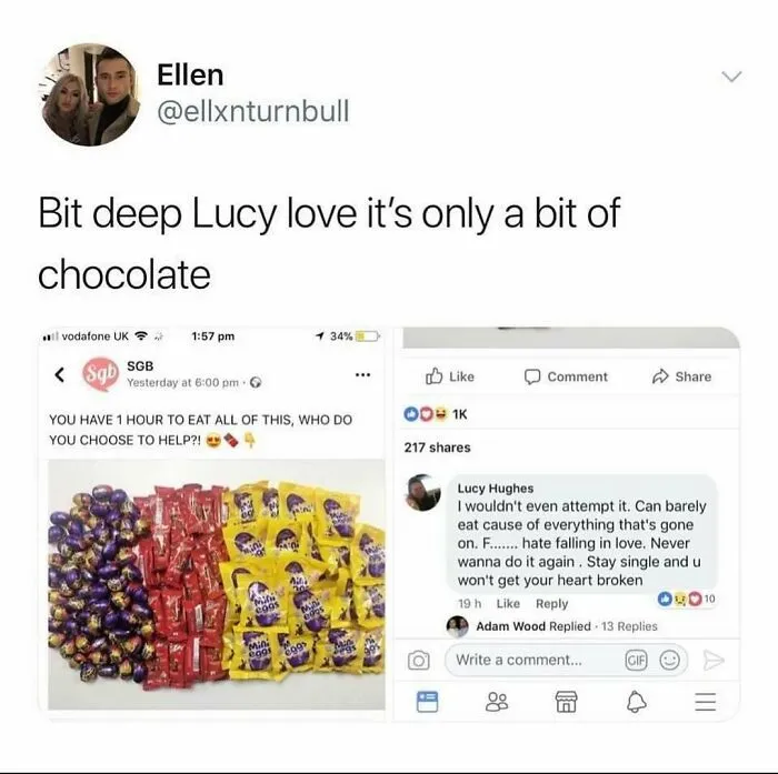 British meme about eating chocolate challenge and love heartbreak comments