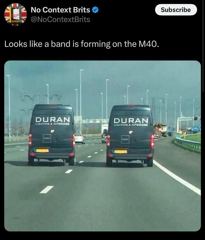 Two vans with DURAN signs form band joke on M40 British meme capturing everyday chaos