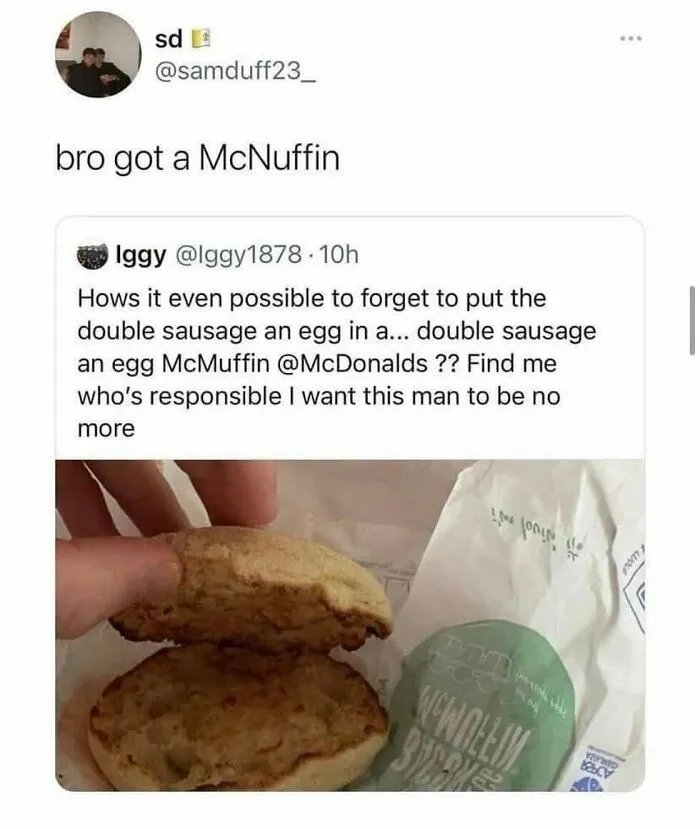 Twitter post joking about a missing sausage in a McDonald's double sausage and egg McMuffin