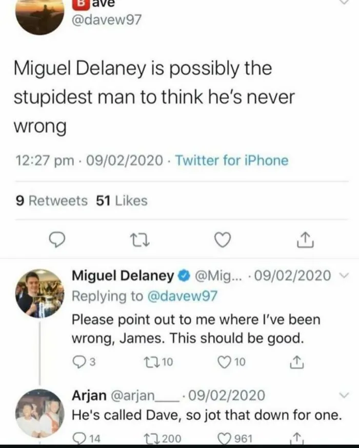 British meme Twitter exchange about Miguel Delaney's stubbornness