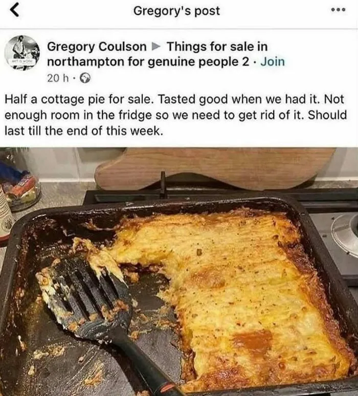 British meme selling half-eaten cottage pie due to fridge space chaos