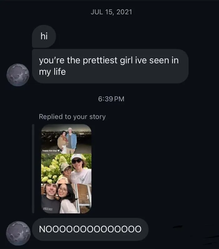 Awkward text screenshots showing a DM compliment followed by a story reply realizing the person has a partner