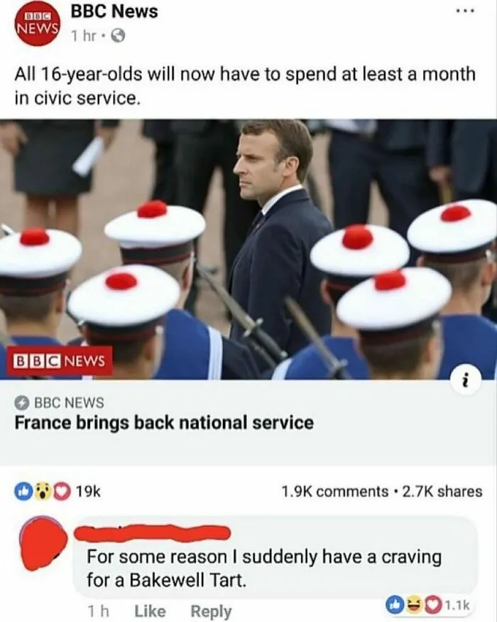BBC News headline about France bringing back national service and a humorous British comment about Bakewell Tart