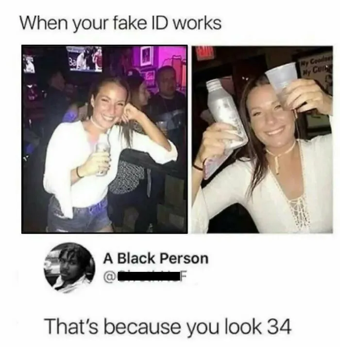 British meme about fake ID working showing woman celebrating in bar
