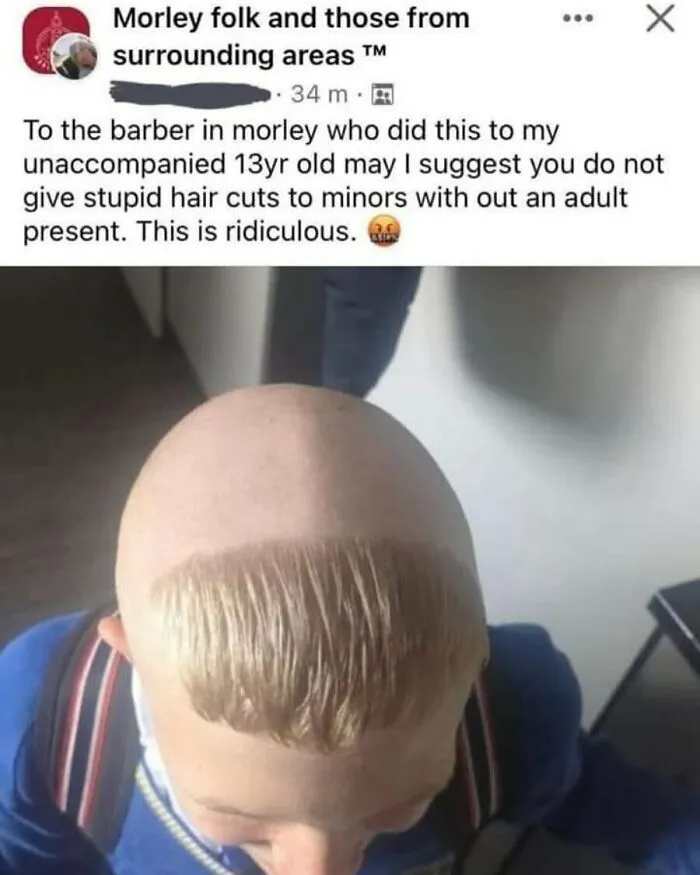 Funny British haircut meme showing a poorly cut child's hair in the UK
