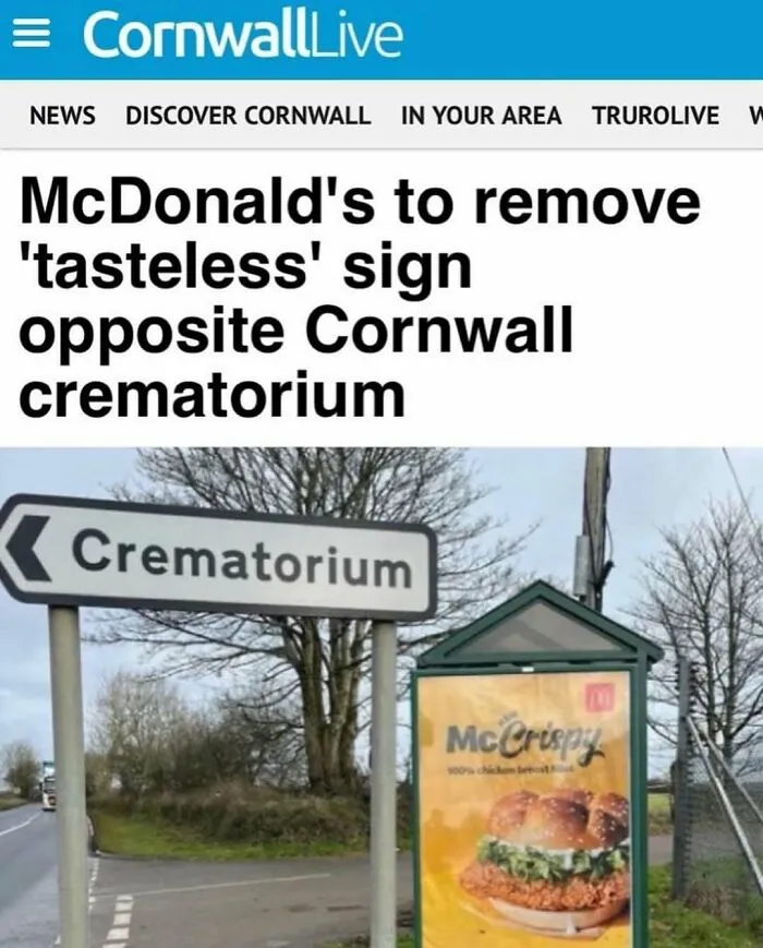Cornwall news on McDonalds removing tasteless sign near crematorium British meme