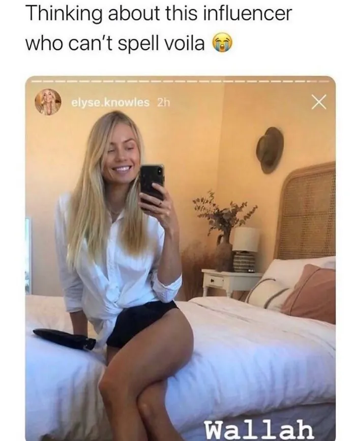 Funny social media screenshot showing spelling fails where an influencer wrote Wallah instead of voila