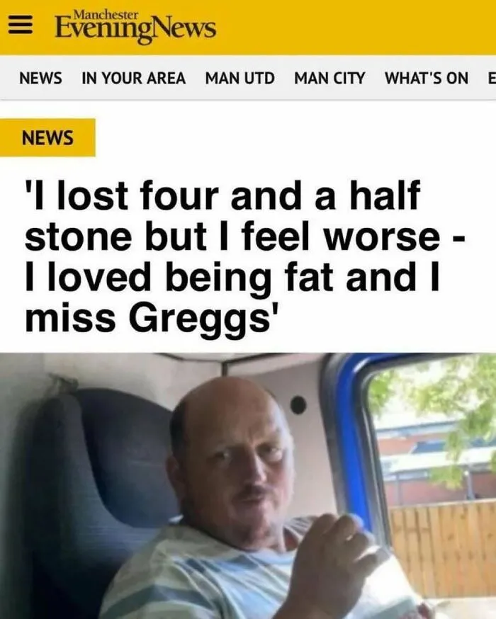 British meme about missing Greggs after losing weight in the UK