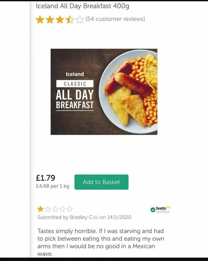 Funny British meme about Iceland all day breakfast product review