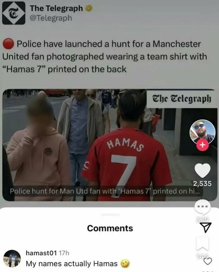 Police hunting Manchester United fan wearing shirt with Hamas 7 meme showing British chaos