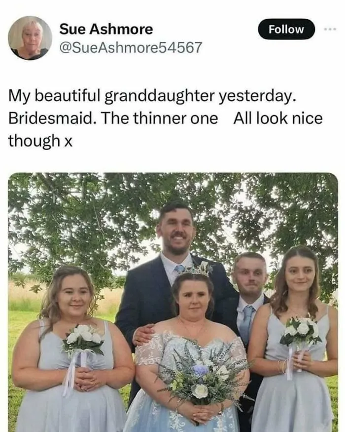 British wedding meme showing granddaughter bridesmaid among family