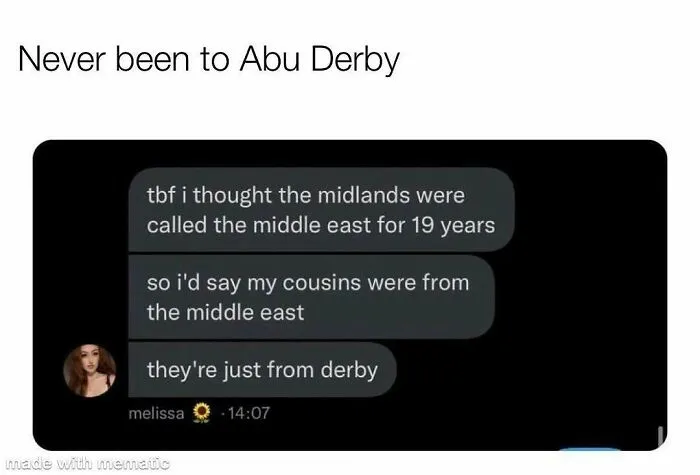 British meme joking about Midlands being mistaken for the Middle East in UK culture