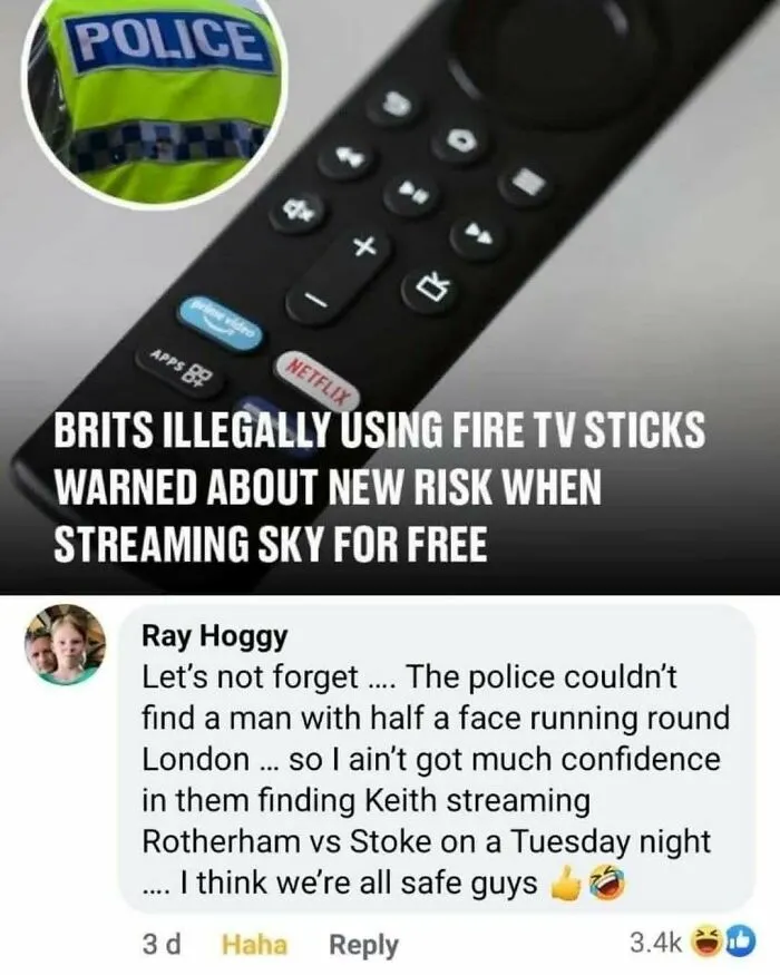 British meme warning about illegal Fire TV stick use and police doubts