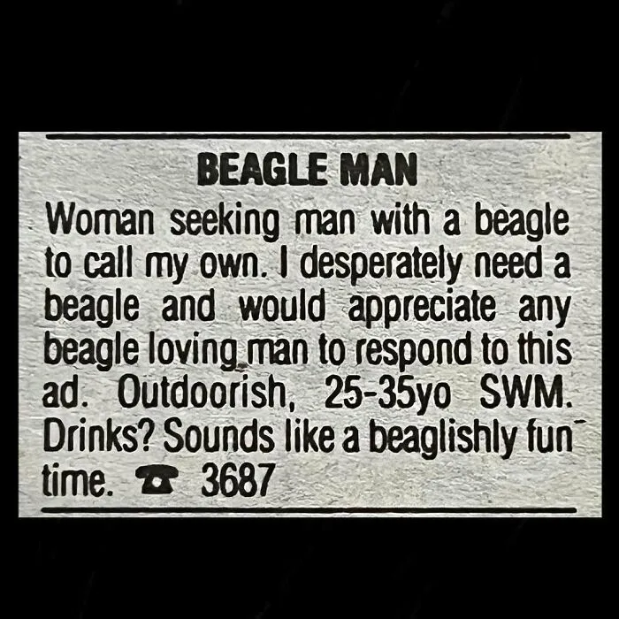 Vintage personal ad from a woman seeking a man with a beagle to look for love.