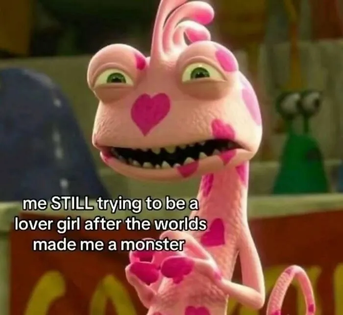 Funny meme of a pink creature from Monsters Inc covered in hearts, highlighting the humor in daily inconveniences.
