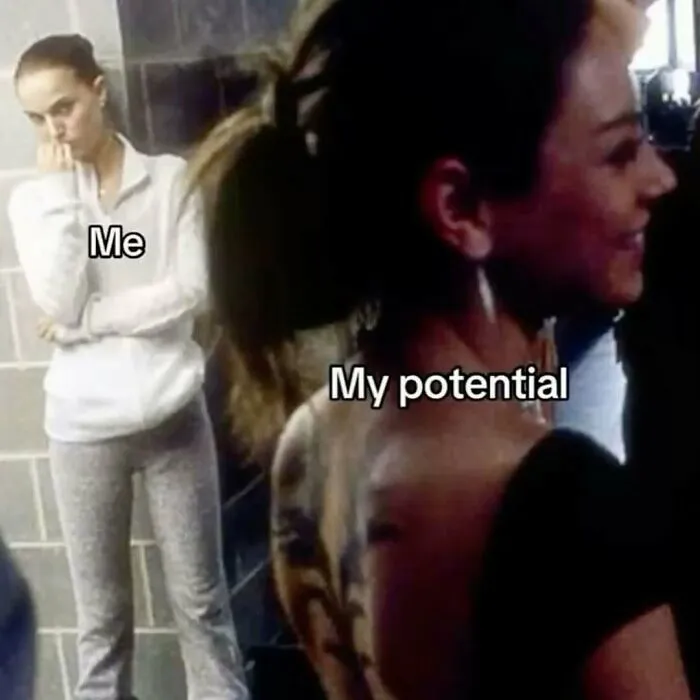 Meme showing a person looking at their potential with a disappointed expression