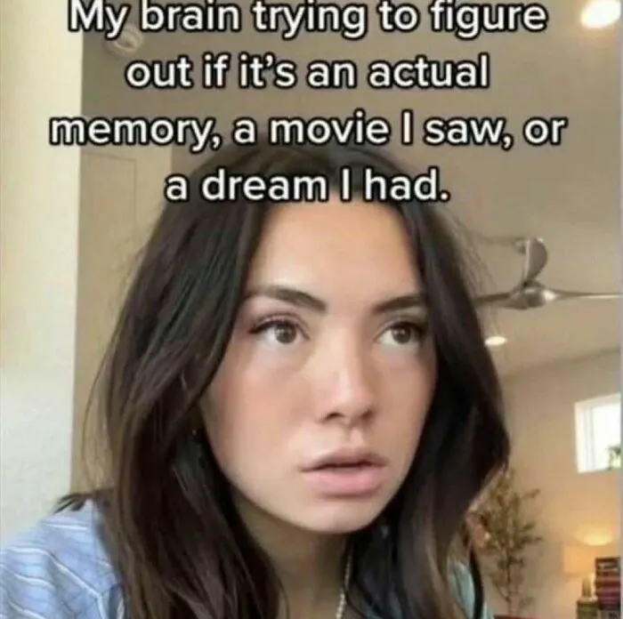 A young woman looking confused with a caption about memory vs dream, funny memes about relatable thoughts