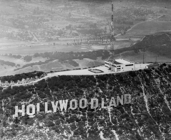 Vintage rare historical photo of the original Hollywoodland sign on a hillside