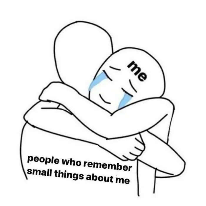 A wholesome relatable meme featuring a line drawing of two people hugging each other with tears of joy
