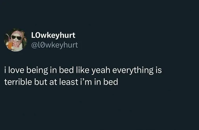Twitter screenshot of a text about being in bed, perfect for funny memes about staying in bed