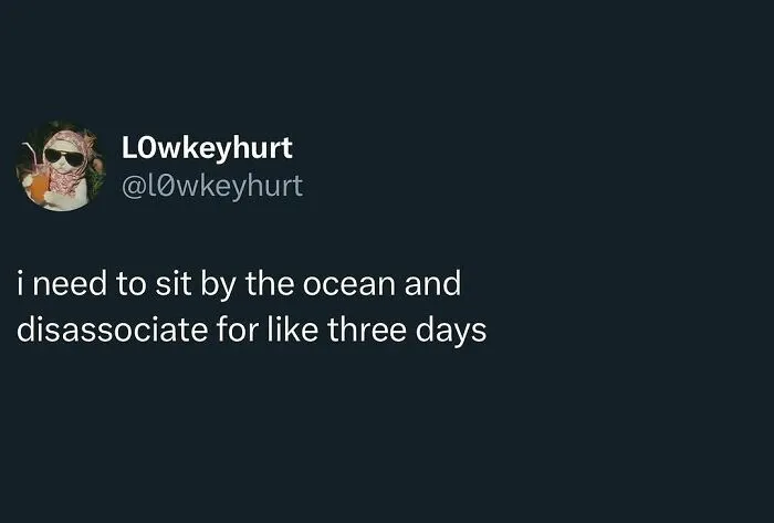 Funny memes tweet screenshot about needing to sit by the ocean and disassociate for three days