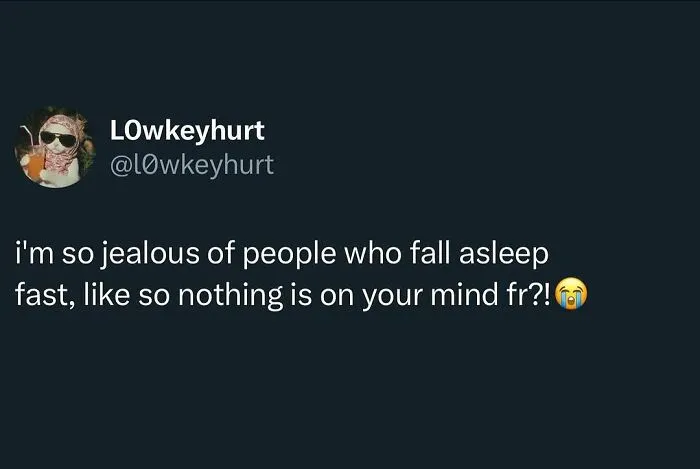 A tweet on a dark background about being jealous of fast sleepers, funny memes about overthinking