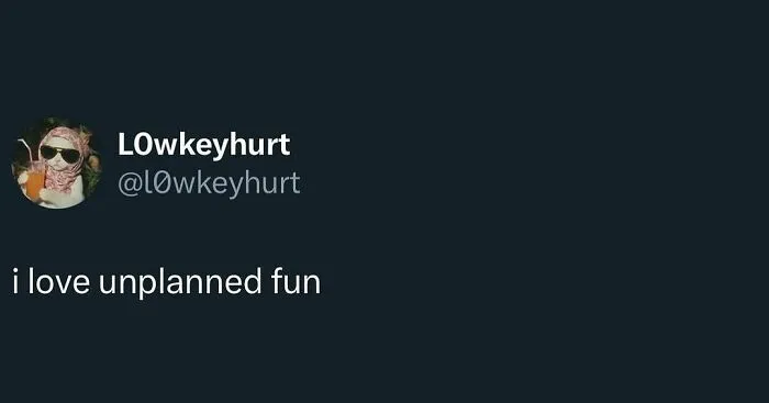 Twitter text post about unplanned fun featuring a cat meme profile picture