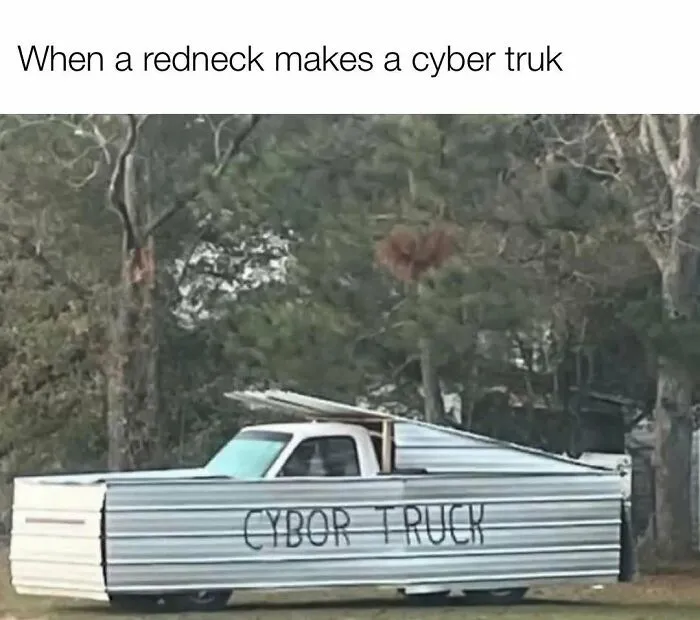 A homemade cybor truck built from corrugated metal siding as featured in redneck memes.