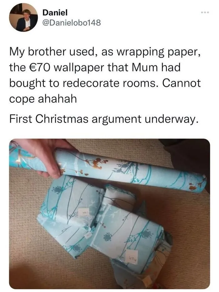 British meme about using expensive wallpaper as Christmas wrapping paper