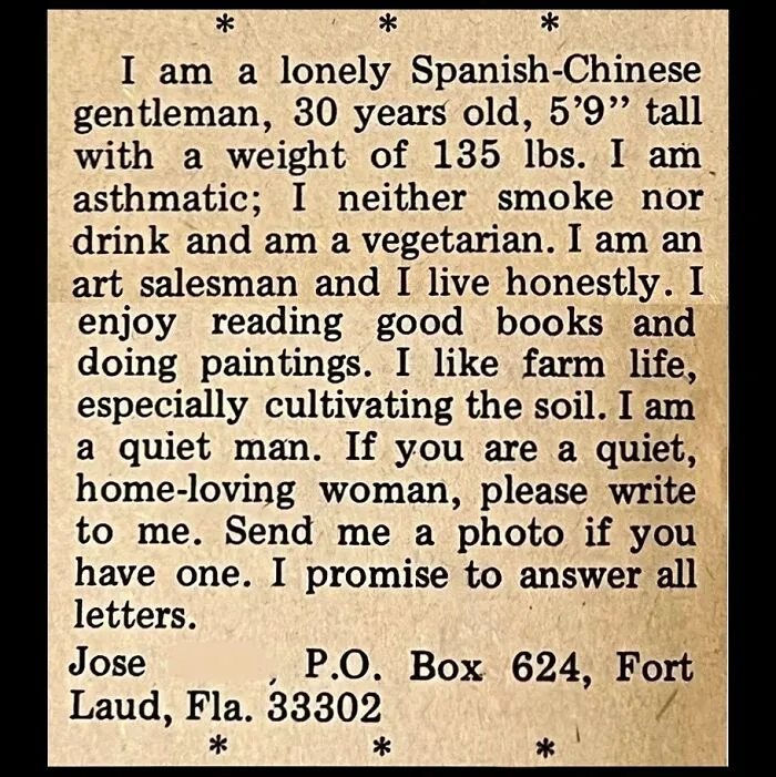 A detailed personal ad from the past written by a 30-year-old Spanish-Chinese art salesman looking for love.