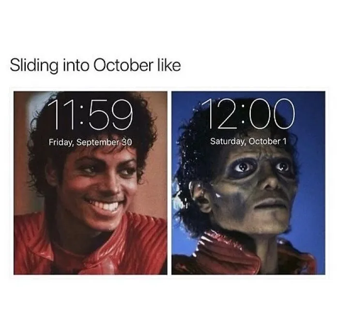 Side-by-side Michael Jackson Thriller photos showing the quick transition into October for Halloween memes.