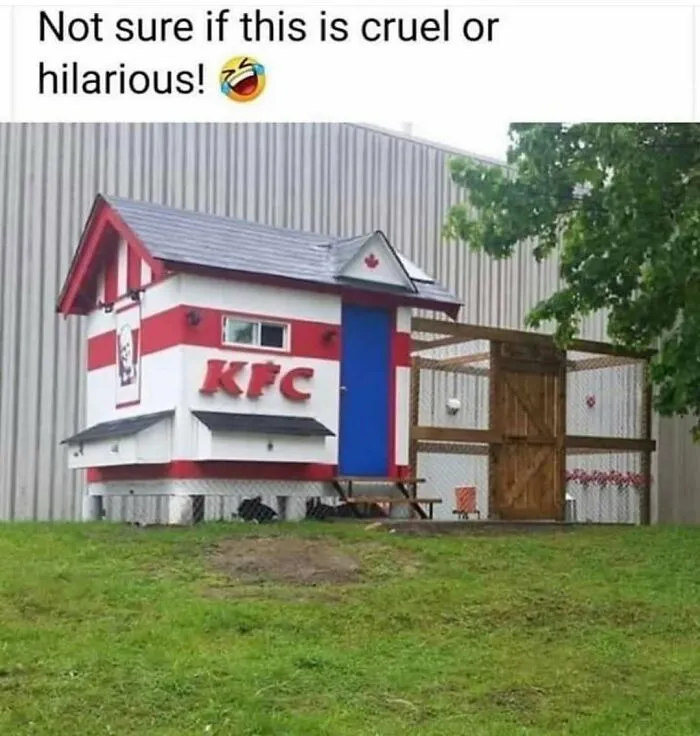 A custom chicken coop painted to look like a KFC restaurant as one of many redneck memes.