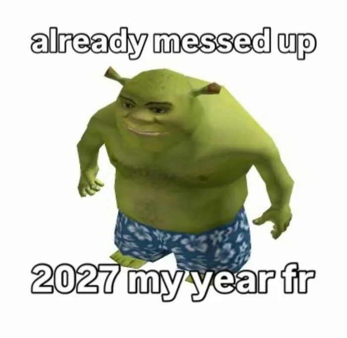 A hilariously relatable Shrek meme with text about messed up plans, declaring 2027 as my year.