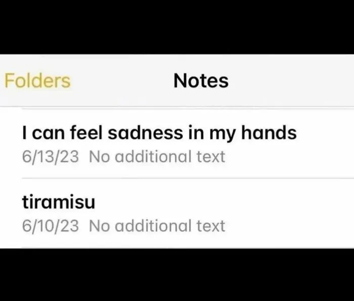 Relatable memes showing funny phone notes about feeling sadness in hands and tiramisu