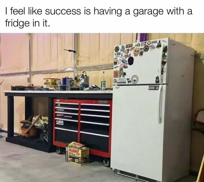 Rednecks memes featuring a garage setup with a refrigerator next to a toolbox.