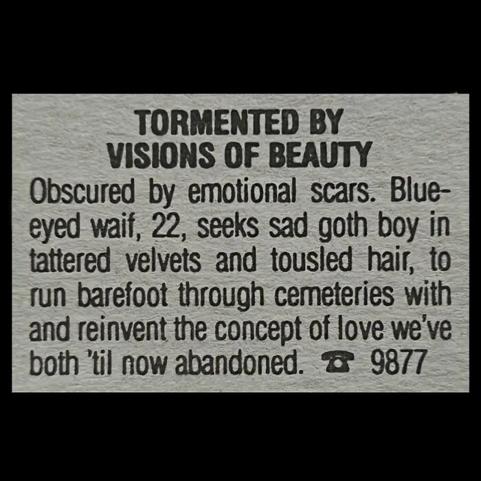 A poetic vintage personal ad from the past written by a woman seeking a goth partner.